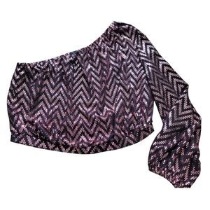 Ashley Stewart Burgundy Black Sequin One Shoulder Party Blouse Size 18 to 20